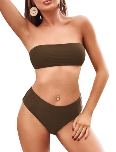 Image of ZAFUL Women's High Cut Bandeau Bikini Set Strapless Solid Color 2 Pieces Bathing Suit Swimsuit