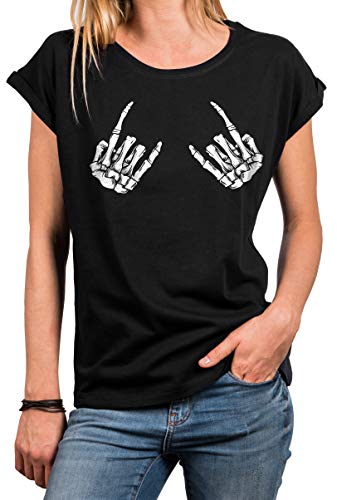 MAKAYA Camiseta Original Mujer Gruoos de Rock - Calavera Rockera Gotica T-Shirt Negra Skull Gothic Top Talla Grande Sexy S