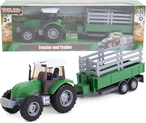 Toyland® 22.5cm Farm Tractor & Tanker/Trailer Set - Free Wheel Action - Boys Farm Toys (Green Trailer)