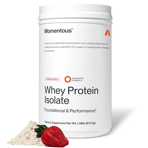 Image of Momentous Essential Grass-Fed Whey Protein Powder - 20 g Whey Isolate Protein - NSF Certified for Sport - Gluten-Free - 25 Servings for Essential Everyday Use - Strawberry - Package May Vary
