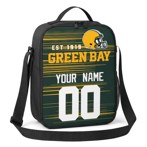 Image of Green Bay Lunch Bag Custom Name and Number Personalized Gifts | Custom Personalized Lunch Box for Men Women