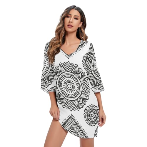 Robe trapèze à col en V fluide et légère contre la chaleur style mandala
