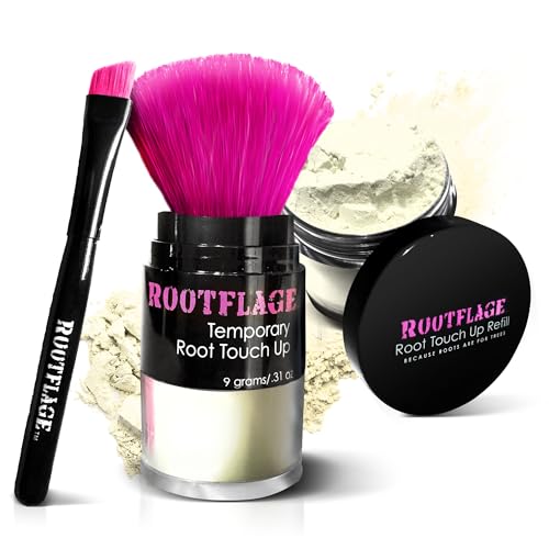 Rootflage Root Touch Up Hair Powder - Temporary Hair Color, Root Concealer, Thinning Hair Powder with Kabuki Applicator 31 oz + Rootflage Refill .31 oz + Small Detail Brush (LIGHT BLONDE)