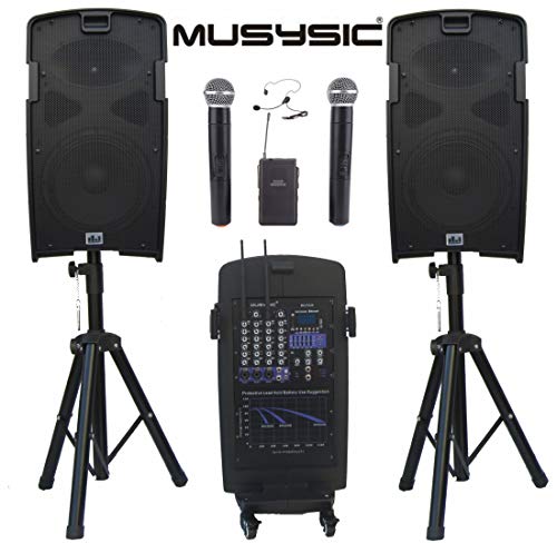 Musysic M-Port Pa2K Portable Pa System – 5 Channel Audio Mixer, 10” Speakers & 2000 W Powerful Amplifier With Uhf Microphones Usb/Sd Card/Bluetooth/Fm/Rca – Portable Pa System With Speaker Stands #TOP7
