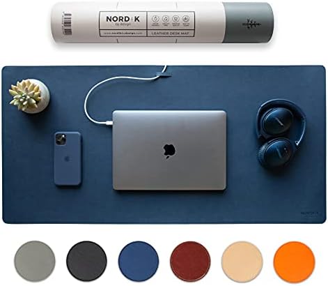 Nordik Leather Desk Mat Cable Organiser (Midnight Blue 89 X 43 cm) Premium Extended Mouse Mat for Home Office Accessories - Felt Vegan Large Leather Desk Pad Protector & Desk Blotter Pads Decor