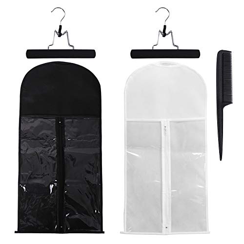 2 Pack Hair Extensions Storage Bag With Wooden Hanger Holder Dust-Proof Wig Storage Bag Protection Carrier Case with Zipper for Travel and Daily Use (Black and White)