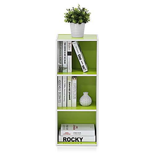 Image of Furinno LUDER Book Shelf, 3-Cube Bookshelf, Bookcase with Open Shelves, 9.3 x 12 x 31.5, Easy Assembly, for Living Room, Bedroom, Home Office, White /Green