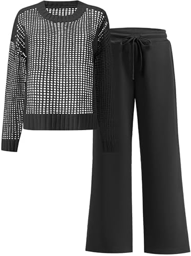 ANRABESS Womens 2 Piece Outfits Crochet Sheer Knit Sweater Top Wide Leg Pants Lounge Set Sweatsuit 2026 Fall Travel Clothes Black Small