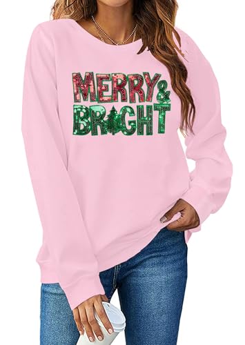 Image of Christmas Sweatshirt Women Merry and Bright Christmas T-Shirt Funny Xmas Lights Blouse Tops Holiday Shirts