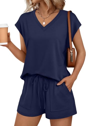 AUTOMET Women 2 Piece V Neck Matching Lounge Sets Clothing Spring Cap Sleeve Shirt and Shorts Loungewear 2026 Summer Travel Airport Outfit Cruise Beach Vacation Clothes Gym Resort Wear