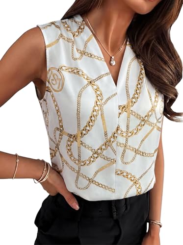 Sarin Mathews Womens Tank Tops Dressy Casual V Neck Sleeveless Blouses Pleated Summer Business Work Shirts White Gold Chains M