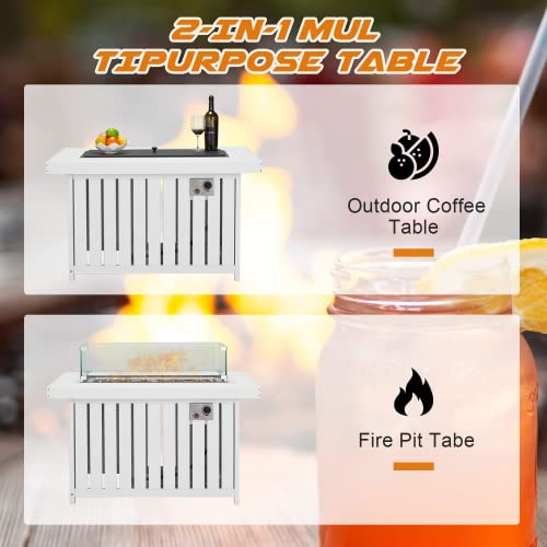 Erommy Propane Fire Pit Table, 43 Inch Hdpe Smokeless Gas Fire Pit With Lid And Fire Glass, 50,000 Btu Firepit, Add Warmth And Ambience To Gatherings And Parties, Csa Certification, White #TOP3