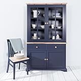 Statement Furniture Florence Display Cabinet, Navy Blue Glass Top Dresser, 2 Drawers, 2 Door Cupboard, Brushed Acacia Wood Top | W120cm H200cm D42cm | Kitchen Dining Living Room Storage