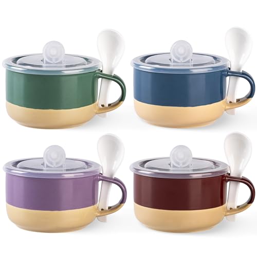 GBhome Ceramic Soup Mugs with Handles and Lids,24 OZ Soup Cups Set of 4
