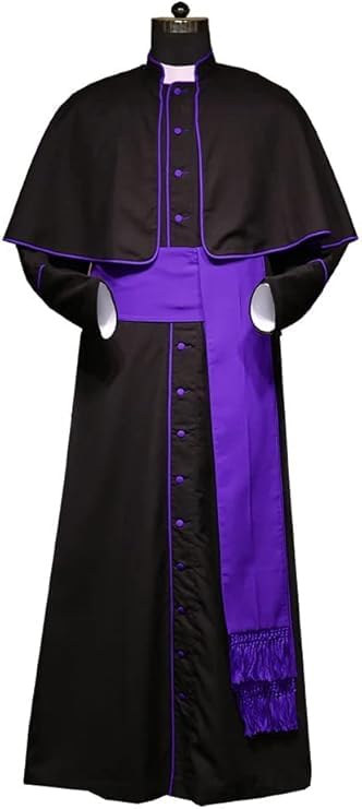 BARGAIN MEGHASHOP Men's Roman Cassock Robe WithTrim Clergy Pulpit Long Cassock Church Uniform Catholic Robe Coaplay Costume Size-(S-6XL) (Black-violet Trim, X-large)
