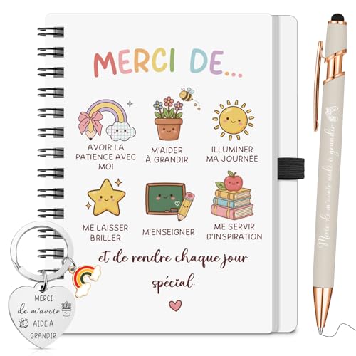 Sinmoe 3 Cadeaux pour Maitresse Institutrice d'École 1 Carnet à Spirale 1 Porte Clés 1 Stylo à Bille Cadeau Merci de m'Avoir Aidé à Grandir pour ATSEM...
