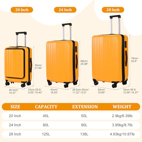 Image of Kaleenie 3 Piece 20 /24 /28 Inch Expandable Luggage Set, 20 inch Side Opening Carry On, 24 & 28 Inch Checked Middle Opening, ABS+PC Hardshell Lightweight Suitcase, Orange