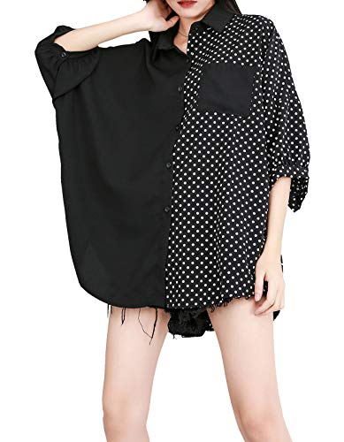 ellazhu Women's Summer Button Down Patchwork Blouse Top GY1896 Black