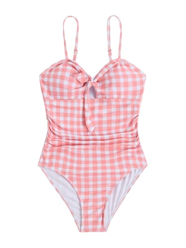 Image of Floerns Girl's Gingham Print Ruched Cut Out Knot Front One Piece Swimsuit