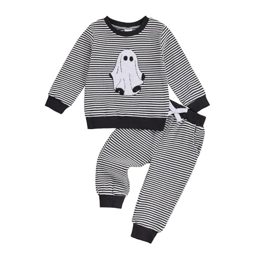 Image of fhutpw Baby Toddler Boy Girl Fall Winter Clothes Embroidery Stripe Pullover Pants Sets Infant Long Sleeve Sweatshirt Outfits