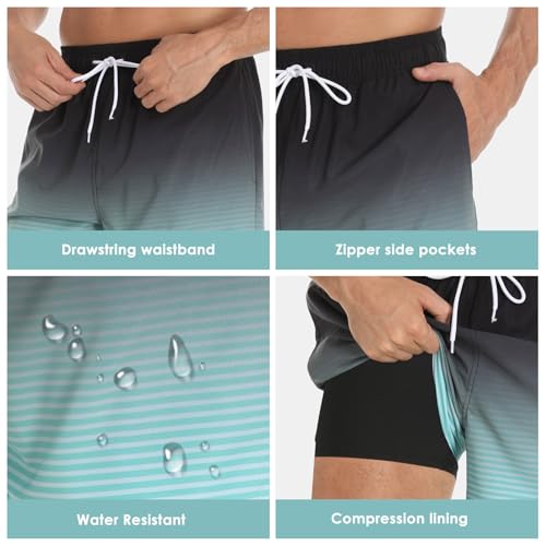 Image of Mens Swim Trunks Compression Liner No Mesh Swimming Trunks Men Swimwear Quick Dry Above Knee Zipper Pocket Swim Shorts