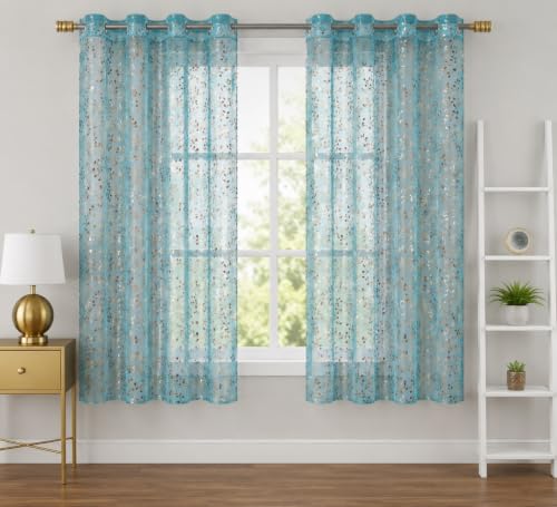 Image of Homefab India Multi Foil Transparent Sheer Curtain - 5 X 4 Feet, Window Curtains, Aqua Leaf, Pack of 1 Piece
