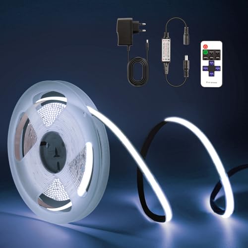 TK99SW Ruban LED COB 2M, Bande LED 6500K Blanc Froid, Lumiere Dimmable 24V, Largeur 8mm, 320LED/m, Comprend Télécommande et Alimentation pour Chambre Cuisine Maison DIY Décoration
