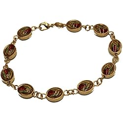 Pulsera Virgen Guadalupe Diamantados of Florida Pulsera chapada en oro de 18 quilates de Virgen De Guadalupe - Pulsera de medalla ovalada