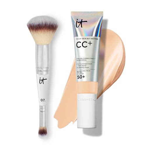 IT Cosmetics CC+ Cream with SPF 50+ Natural Finish Full Coverage Foundation (Light - 1.08 fl oz) & 2-in-1 Concealer and Foundation Brush #7 for Buffing and Blending Face Makeup