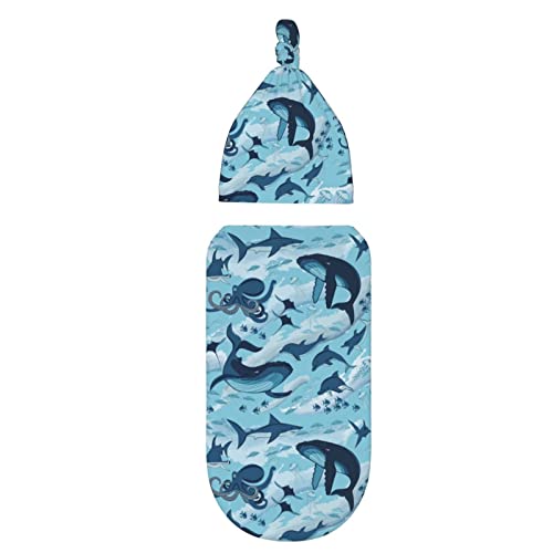 Image of Sea Waves Dolphins Sharks Whale Octopus Newborn Swaddle Blankets Baby Wrap Blanket Soft with Beanie Hat Sets Gifts for Infant Boy Girl