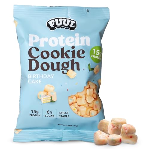 FUUL Protein Cookie Dough, Birthday Cake Flavor, High Protein Bites, Low Sugar Snacks for Kids & Adults, Pre Workout & Post Workout Snacks, Shelf Stable, 15g per Bag, Pack of 8