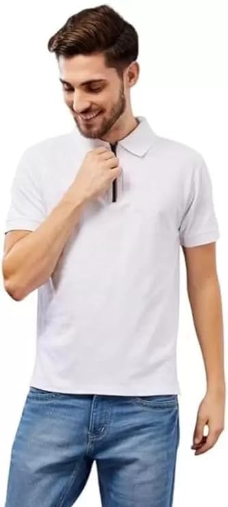 Image of Solid Polo T-Shirt Zip Collar Cotton Blend Half Sleeves for Men's