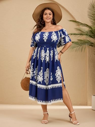Image of Plus Size Maxi Dress Off The Shoulder Ruffle Smocked Wedding Guest Cocktail Slit Hem Flowy Dresses for Curvy Women