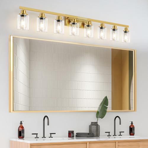 Image of 8 Light Gold Vanity Lights Over Mirror, 52inch Gold Bathroom Light Fixtures Modern Vanity Lights Gold Bathroom Wall Lighting for Mirror Bedroom,Living Room