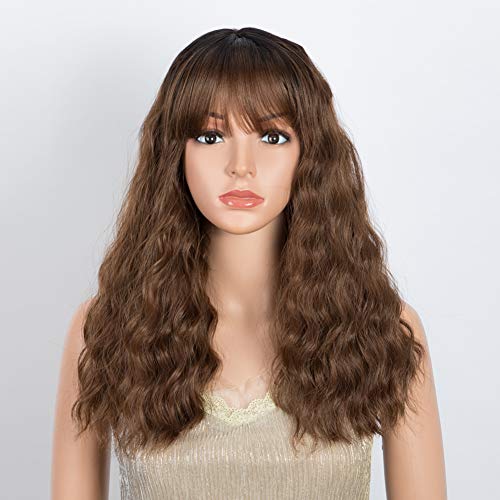 DÉBUT Long Bob Wigs Curl Lob Wigs Synthetic Hair Replacement 18 inches 203g blunt thick Bangs (OT30: Light AUBURN with Dark Root)