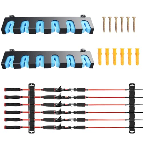 Fishing Rod Holder - Wall Mounted Rack Organizer Holds 6 Rods & Combos Fishing Pole Holders for Garage, Boat, or Home Storage 12.6