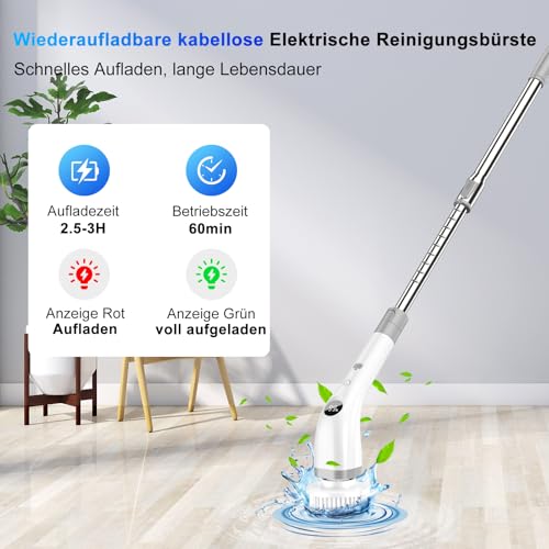 Elektrische Reinigungsbürste, 7 in 1 Putzbürste mit Verstellbarem Griff, Electric Cleaning Brush mit austauschbaren Bürstenköpfen,2 Speed mit langem Griff für Haushalt Fliesen, Wanne-IPX7