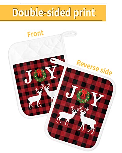 Christmas Buffalo Check Reindeer Pot Holders With Pocket For Kitchen, Heat-Resistant Potholders Set Of 2, Hot Pads Oven Mitts With Hanging Loops For Home Cooking Baking Microwave, Joy Wreath Antlers #TOP1