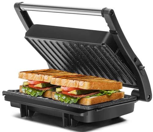 Panini Press Grill, Aigostar 1200W Sandwich Maker with Ceramic Non-stick Plates, Opens 180 Degrees for Any Size Food, 3-in-1 Sandwich Press Electric Grill, Drip Spout & Locking Lid, Sliver