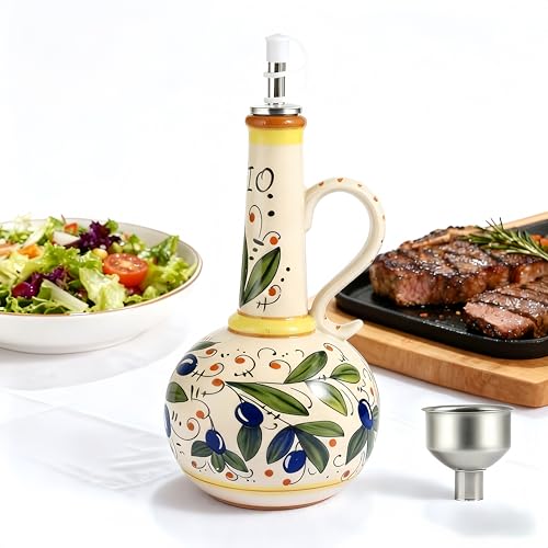 HeiheiTom Ceramic Olive Oil Dispenser Bottle 23oz, Large Olive Oil Container for Kitchen, Oil & Vinegar Cruet with Stainless Steel Spout, Ceramic Oil Dispenser with Handle, Drip-Free Cooking Cruet