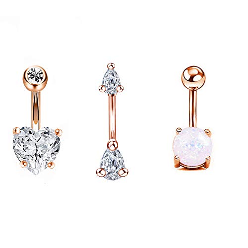 14G Surgical Steel Belly Button Rings Body Piercing Jewelry CZ Navel Ring (3Pcs Rose Gold)