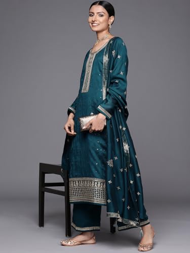 Image of Libas Womens Embellished Silk Blend Straight Kurta With Palazzos and Dupatta