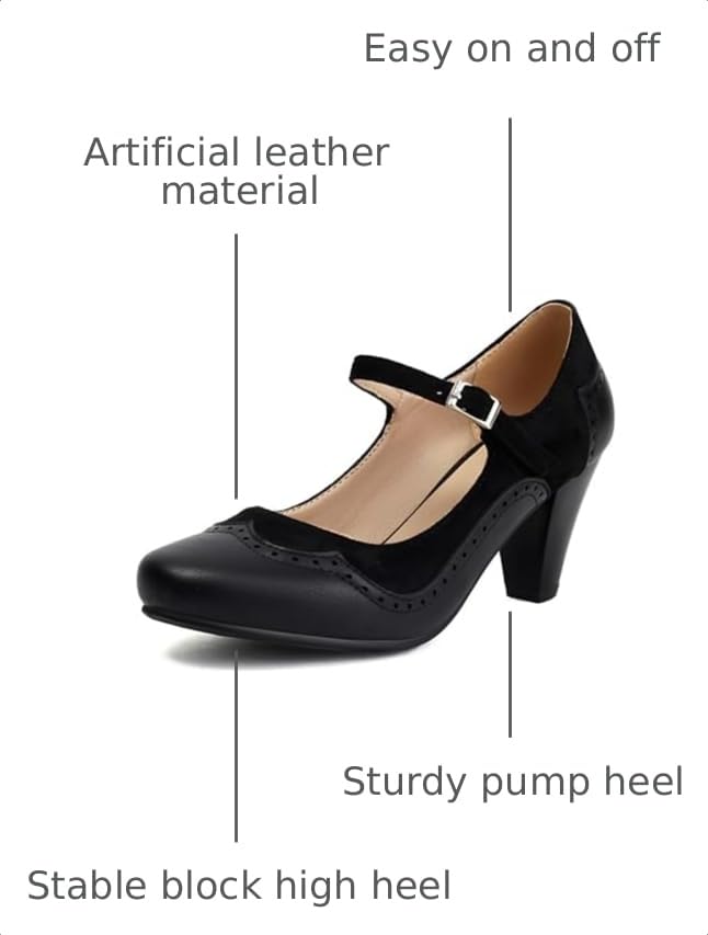 Image of Elerhythm Women's Mary Jane Classic and Retro 1920s Pump Heels Gatsby Oxford Pattern 1950s Pinup Vintage Round Closed Toe 1940s Ankle Strap Dress Shoes