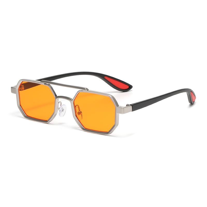 AmazingRose Gafas de sol retro hexagonales con marco de metal, protección UV400, gafas pequeñas de moda para hombre y mujer, plateado/naranja, 17 mm