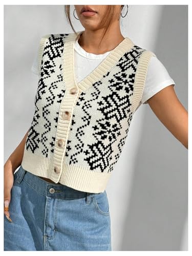 Image of MakeMeChic Women's Geo Print Cable Knit Sweater Vest Button Front Sleeveless V Neck Top Multicolor Medium