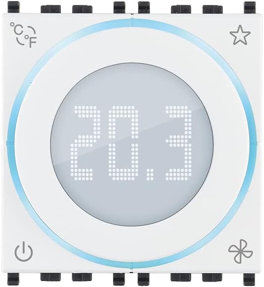 VIMAR 02971.B Smart Thermostat front view with digital display showing '20.3' degrees Celsius, surrounded by a blue light ring. Icons for temperature unit, favorite, power, and fan are visible at the corners.