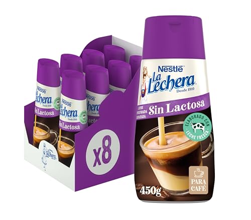 La Lechera Nestlé Leche condensada desnatada sin lactosa - Botella de Sirve Fácil Caja 8 x 450 g