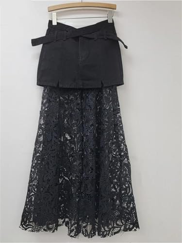 Womens Mid Length Denim Skirt with Lace Patchwork Slimming Denim Skirt Flowy Breathable Style2
