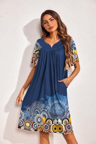 Image of Ekouaer 2 Pack House Dresses for Women with Pockets Short Sleeve Moo Moos Floral Print Mumu Dresses