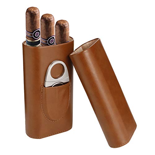Xinzistar 3 Tubes Cigar Case Humidor Cigar Box with Stainless Steel Cigar Cutter Leather Humidors with Cedar Wood Lining Cigar Holder Storage Accessories for Travel Outdoor (Brown)